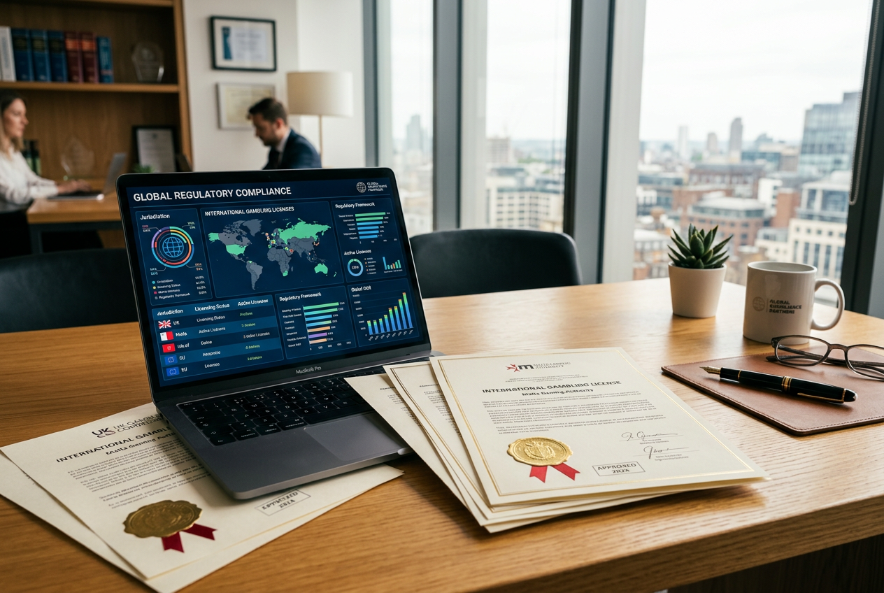 A modern desk showing international gambling license certificates and a laptop.